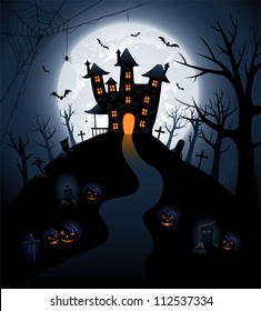 Halloween night background with castle and pumpkins, illustration