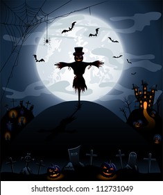 Halloween night background with castle and pumpkins, illustration