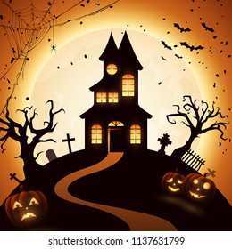 Halloween night background with castle and pumpkins