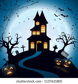 Halloween night background with castle and pumpkins