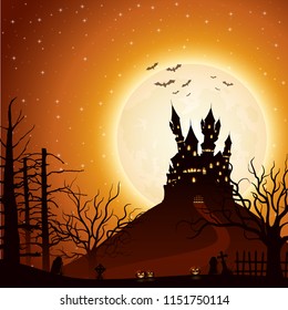 Halloween night background with castle and pumpkins