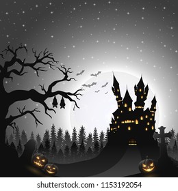 Halloween night background with castle and pumpkins