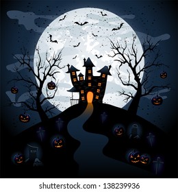 Halloween night background with castle and pumpkins, illustration