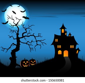 Halloween night background with castle and pumpkins