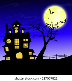 Halloween night background with castle and pumpkins
