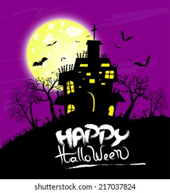 Halloween night background with castle and pumpkins