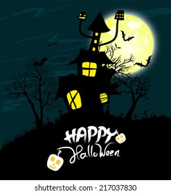 Halloween night background with castle and pumpkins