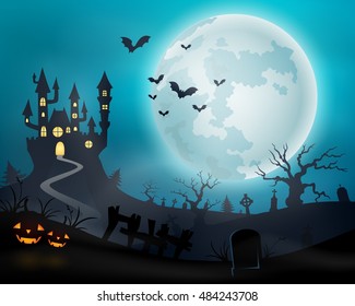 Halloween night background with castle and pumpkins