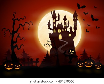 Halloween night background with castle and pumpkins