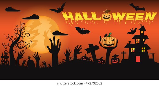 Halloween night background with castle and scary pumpkins and zombie hands coming up out of the ground in front of a full moon. vector illustration.