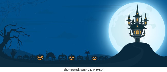 Halloween night background with castle under the moonlight and scary pumpkins. Vector illustration.