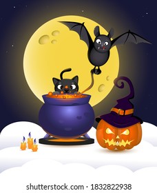 Halloween night background with cat, cauldron and bat. Full moon. Magic on a cloud by candlelight