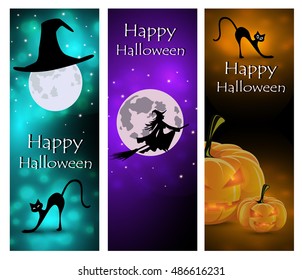 Halloween night background with cat and moon and pumpkin

