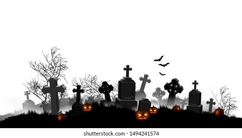 Halloween night  background with a cemetery. High detailed realistic illustration
