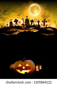 Halloween night  background with a cemetery and a  moon. High detailed realistic illustration