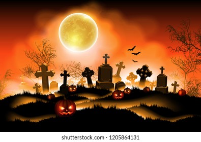 Halloween night  background with a cemetery and a  moon. High detailed realistic illustration