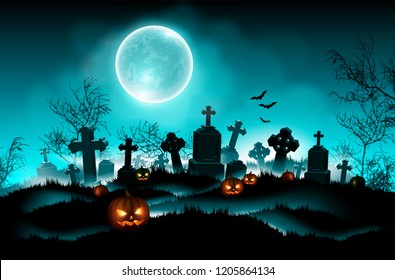 Halloween night  background with a cemetery and a  moon. High detailed realistic illustration