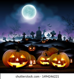 Halloween Night  Background With A Cemetery And Pumpkins And  Moon. High Detailed Realistic Illustration
