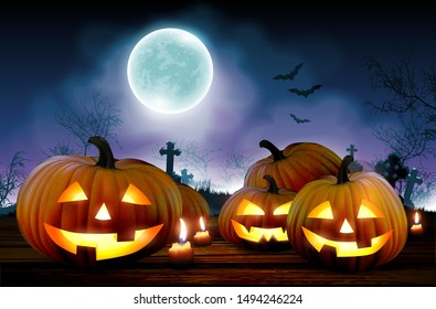 Halloween night  background with a cemetery and pumpkins and  moon. High detailed realistic illustration
