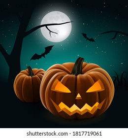 Halloween night background with a cemetery and pumpkins and moon. High detailed realistic illustration