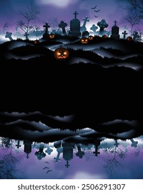 Halloween night background with cemetery and its reflection. High detailed realistic illustration