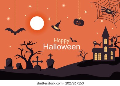 Halloween night background with cemetery and scary black castle. Flat vector illustration on orange background