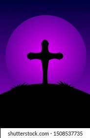 Halloween night background ,Christian cross on big moon background.