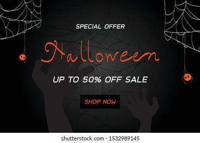 Halloween night background with cobweb and spiders . Halloween Sale Promotion Poster. Vector illustration EPS10