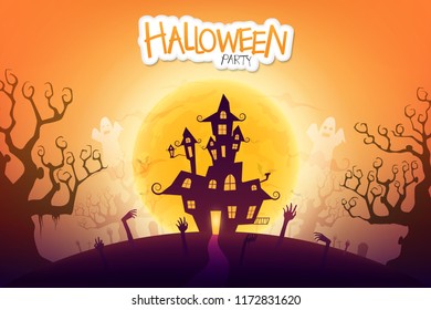 Halloween night background with creepy castle and zombie's hand under the moonlight.