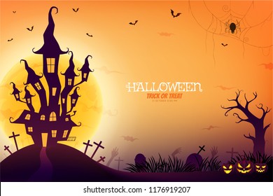 Halloween night background with creepy castle and zombie's hand under the moonlight.