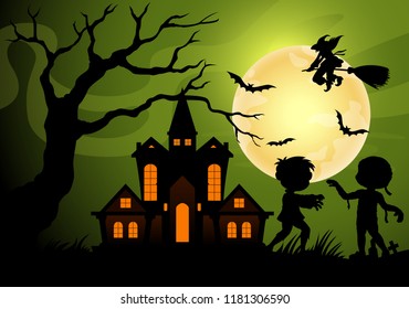 Halloween night background with creepy castle with mummy, frankenstein and witch shadows 