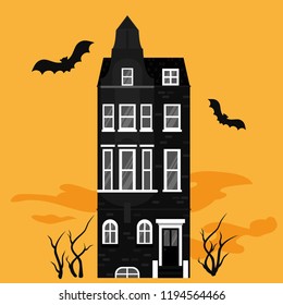 Halloween night background with creepy castle and bats for banner, greeting card celebration, Scary hut house party poster. Spooky mansion silhouette vector illustration