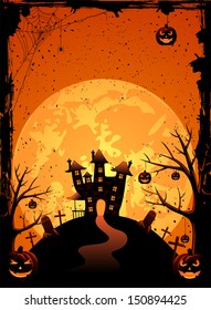 Halloween night background with creepy castle and pumpkins, illustration