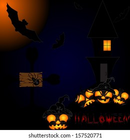 Halloween night background with creepy castle and pumpkins. Vector illustration 