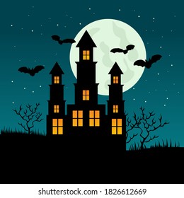 Halloween night background with creepy castle. Vector Illustration