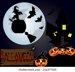 Halloween night background with creepy castle, witch and pumpkins. Vector illustration