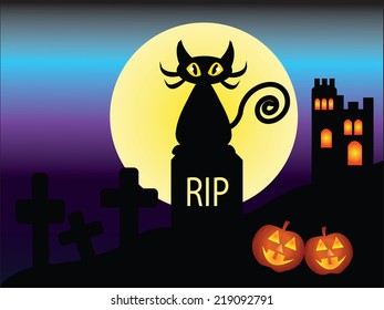 Halloween night background with creepy castle pumpkins grave black cat  and  bats, Halloween background vector