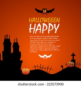 Halloween night background with creepy castle & pumpkin. Vector illustration 