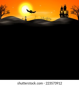 Halloween night background with creepy castle & bats. Vector illustration  