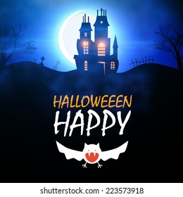 Halloween night background with creepy castle & bats. Vector illustration  