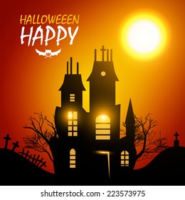 Halloween night background with creepy castle. Vector illustration