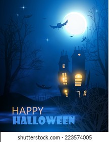 Halloween night background with creepy castle & bats. Vector illustration 