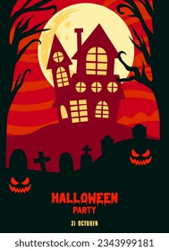 Halloween night background with creepy castle, pumpkins, and graveyard. Halloween party flat design. Halloween design template for poster, invitation, background, greeting card, social media content.