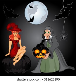 Halloween night background with creepy castle, witch and pumpkins. Vector illustration