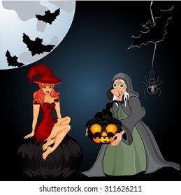 Halloween night background with creepy castle, witch and pumpkins. Vector illustration