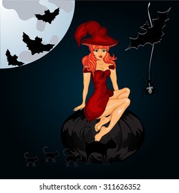 Halloween night background with creepy castle, witch and pumpkins. Vector illustration