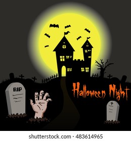 Halloween night background with creepy castle and Scary graveyard , Zombie  resurrect, illustration.