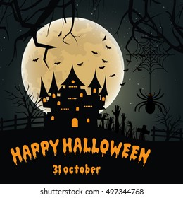 Halloween night background with creepy castle and pumpkins, illustration, Halloween night background with full Moon, Halloween pumpkin on wooden planks, Vector Illustration of a Halloween Background