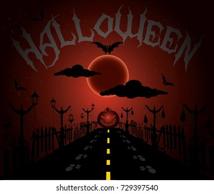 Halloween night background with creepy castle and pumpkins, illustration