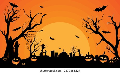 Halloween night background in creepy graveyard with pumpkins and bat flying around